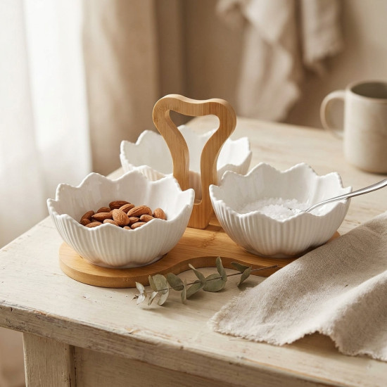 Porcelain Bowl 5.5 Inch Set with Wooden Stand 3 Pcs